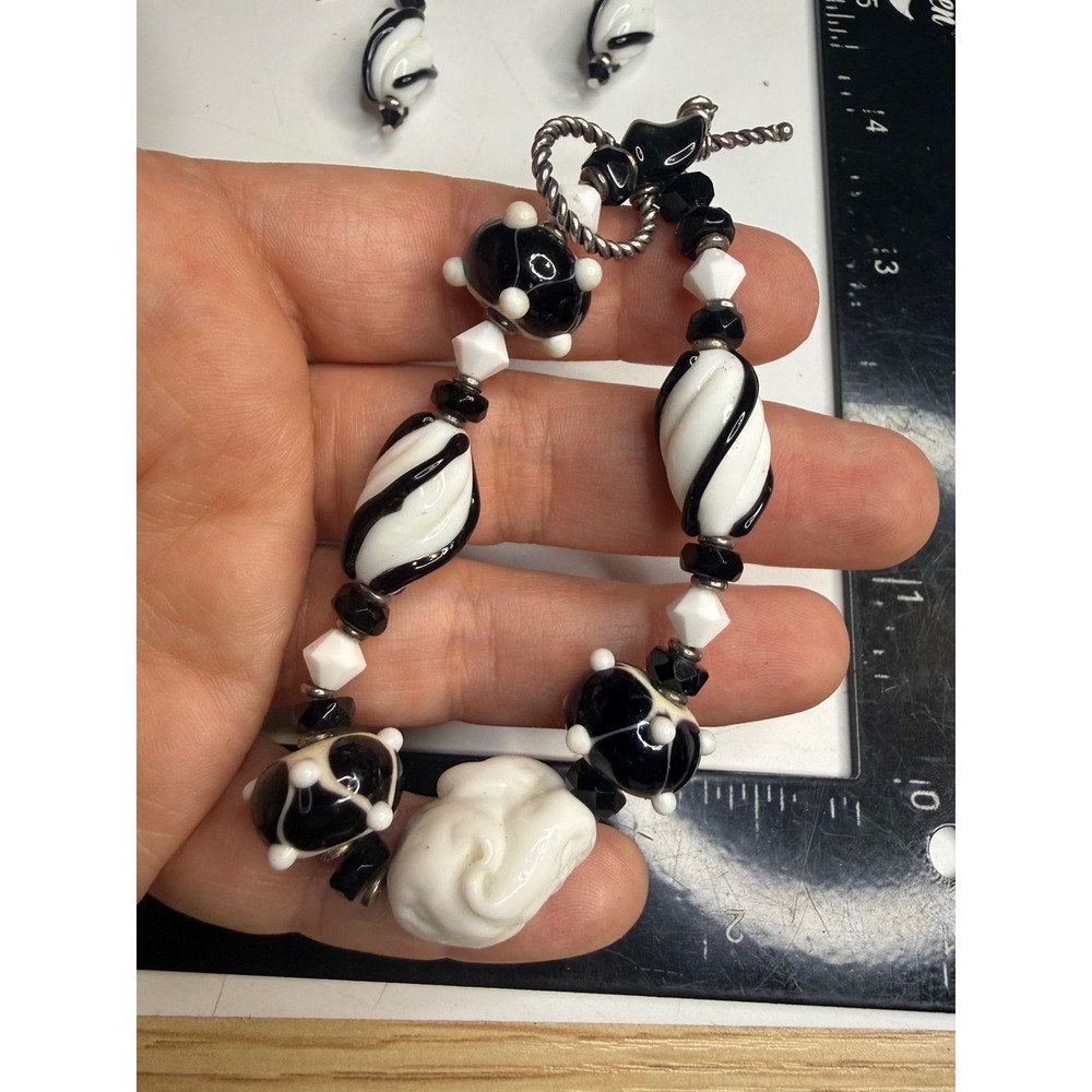 Artisan Lampwork Glass Bracelet and Earring Set Black White Swirl Polka Dot
